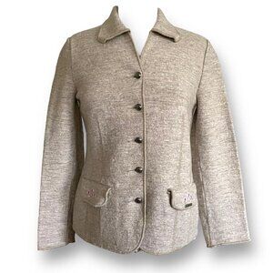 Geiger Austria Womens Jacket Sz 38 US 8 Tan Boiled Wool Linen Floral Embroidery